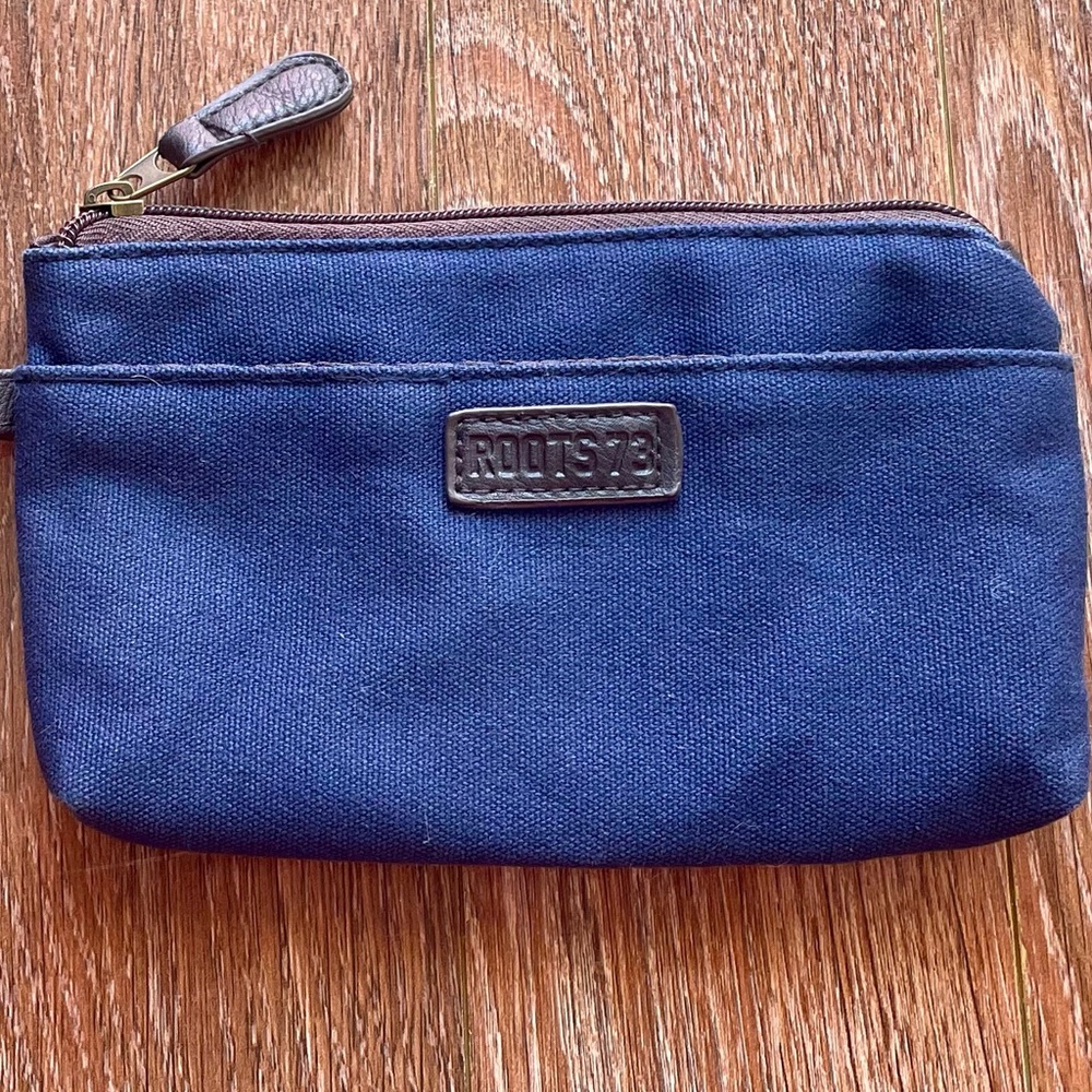 Roots Blue and Brown Canvas Wristlet